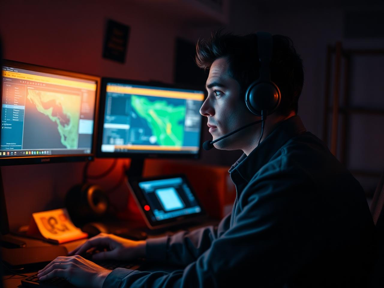 dispatcher on a headset coordinating an emergency pickup at night