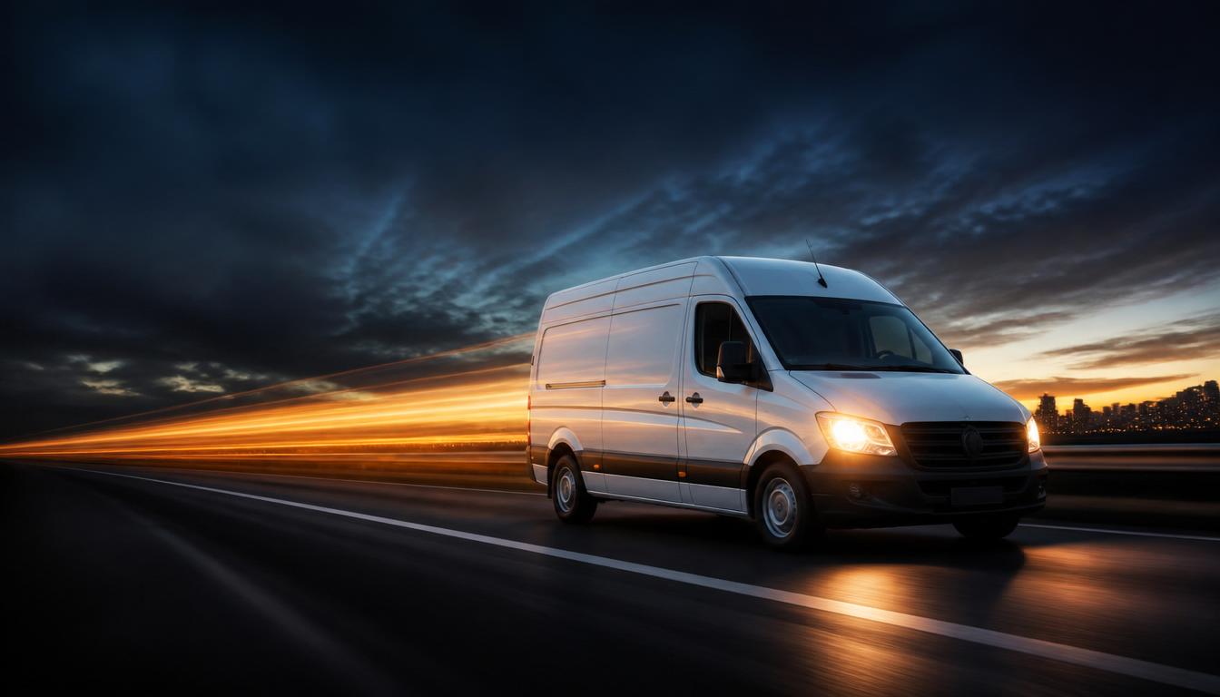 emergency parts delivery: van in motion with amber light trails at dusk