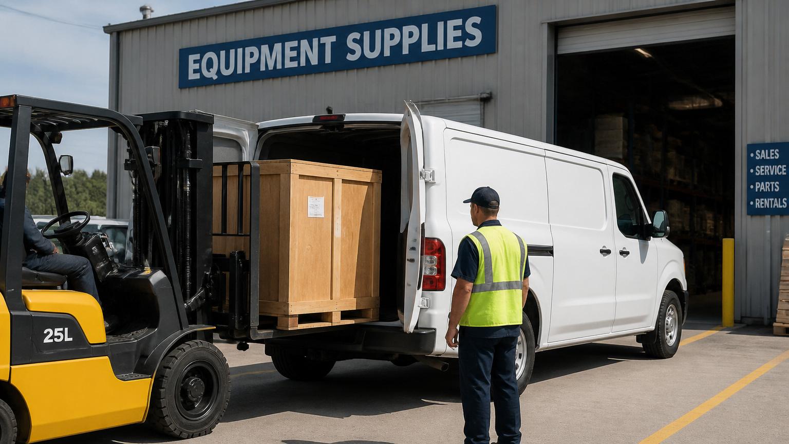 forklift loading heavy machinery parts into a van at an equipment supplier