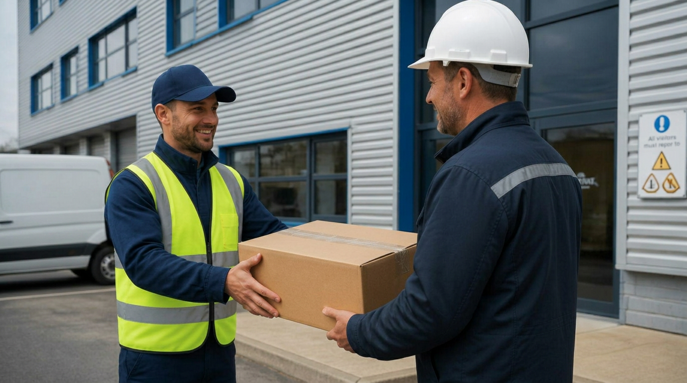 manufacturing delivery handoff outside factory with sealed package