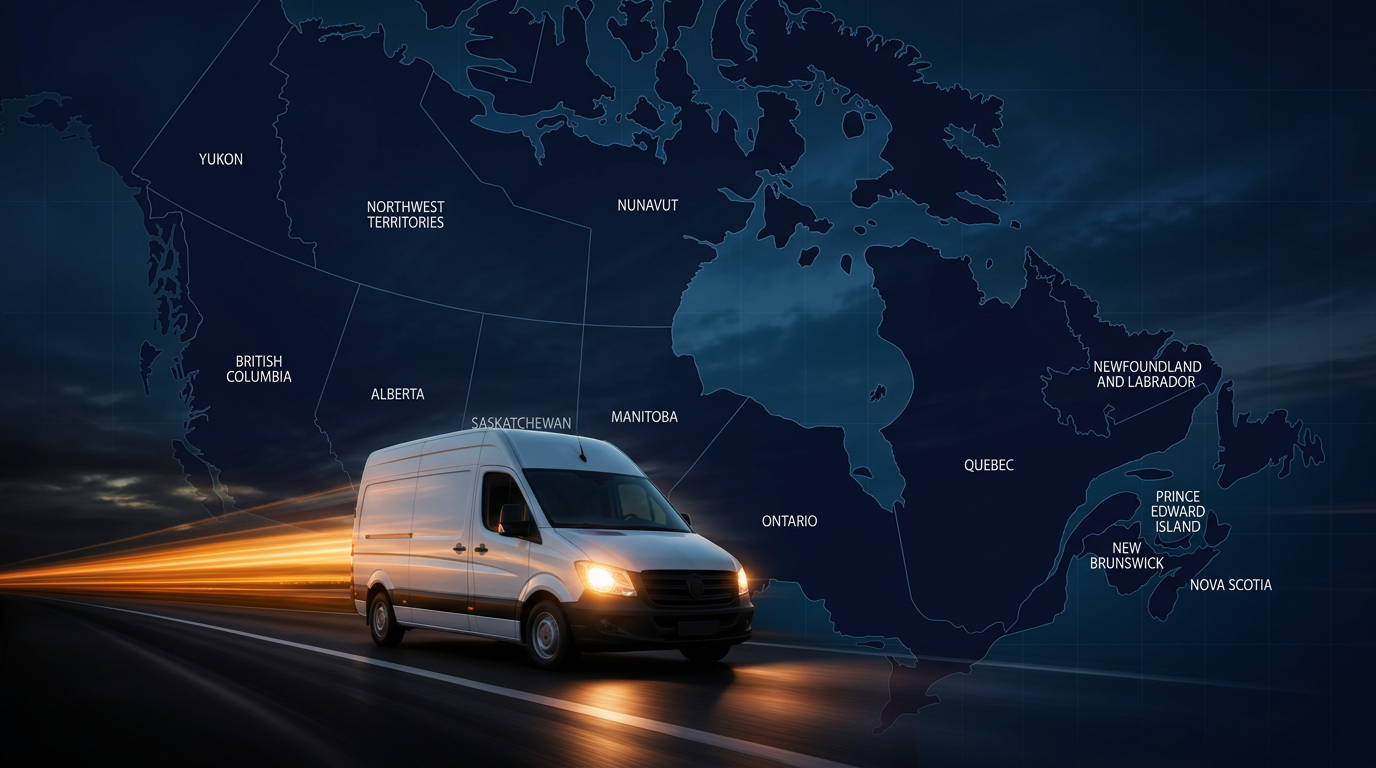 cargo van on a Canadian highway at dawn
