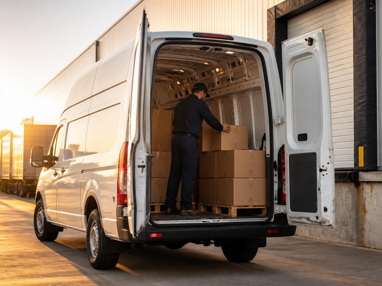 Professional delivery driver handing off a package to a warehouse manager